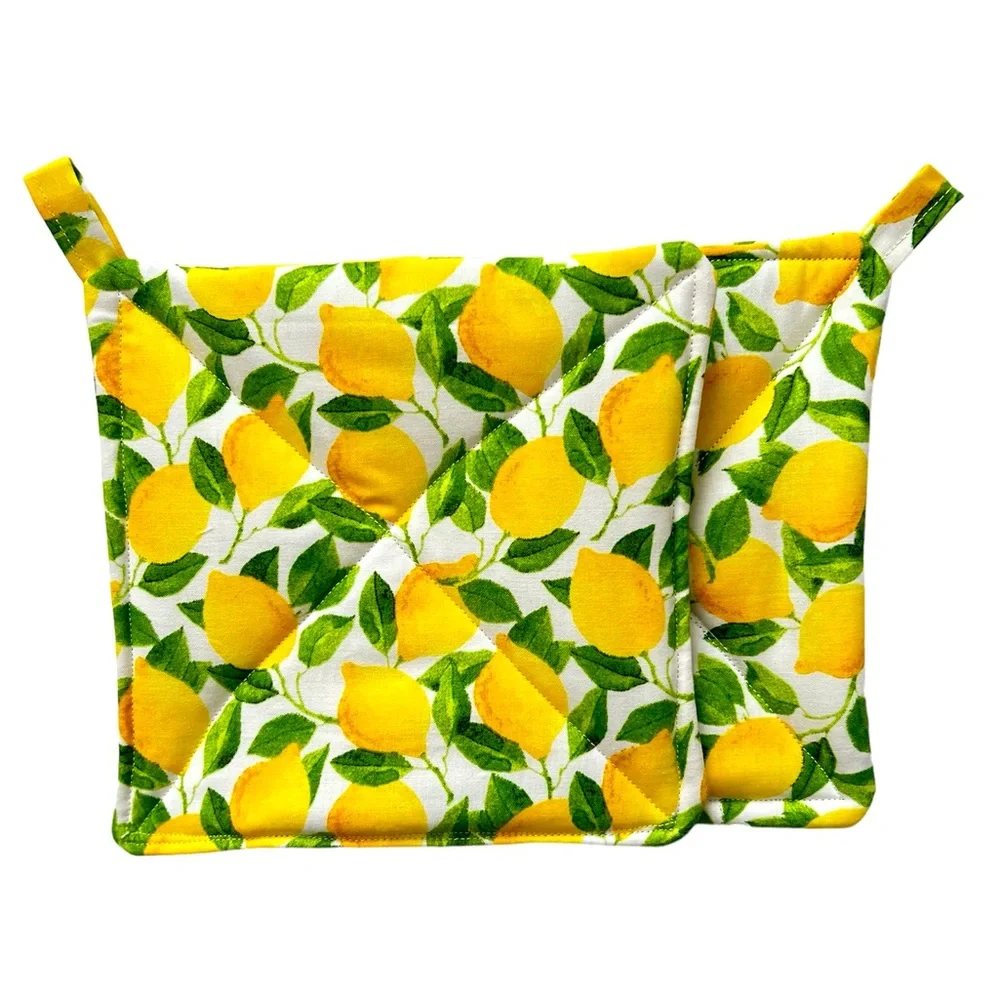 Hand Crafted Colorful Yellow Lemons Fabric Cotton Pot Holders or Hot Mats Trivet